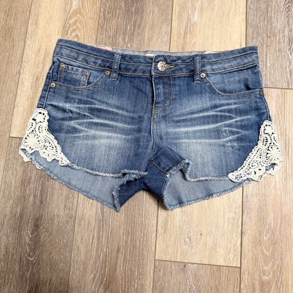 No Boundaries Blue Jean 2”Shorts with Lace Accents